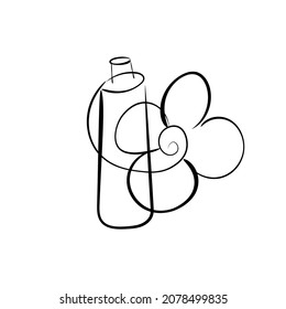 Drawing of a bottle with a flower for a logo. Topic: natural cosmetics, medicine, ecology.