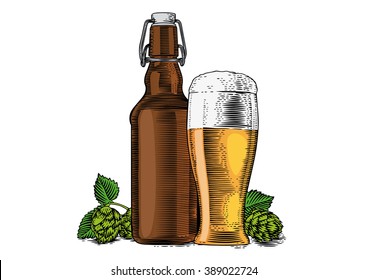 Drawing of bottle and glass with beer and hop's cones