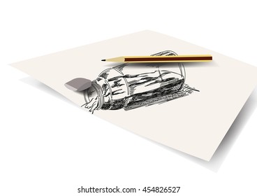 Drawing bottle on paper. The picture is a pencil and eraser
