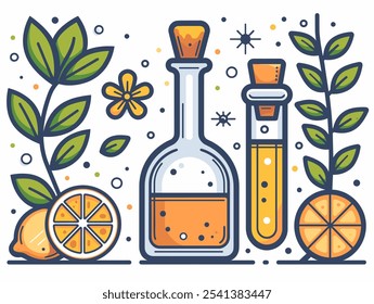 Drawing of a bottle of orange juice and a glass of orange juice with a leaf on the side