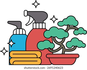 A drawing of a bottle of spray and a spray bottle with a sprayer on top. The sprayer is on top of a white background