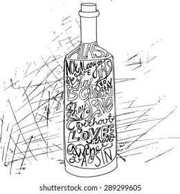 drawing bottle of wine on black and white grunge background with artwork inscription. philosophy poster