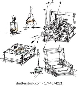 Drawing bottles Bottle Volumetric flask Glass flasks Flowers in a suitcase  
