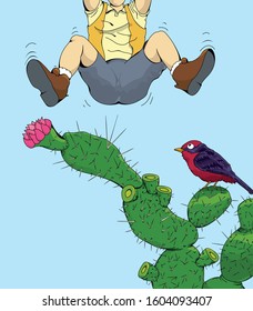 Drawing of the bottom of a man jumping on a cactus after being pricked by one of its thorns on a blue background. Vector image