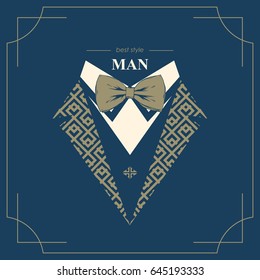 Drawing of a bow tie. Logo of clothes with gold patterns on a beautiful background. Fashionable branded vintage style for elegant men. Flat, vector.