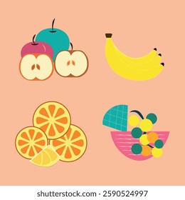 A drawing of a bowl of fruit with a banana, apple, orange, and lemon. The banana is cut in half and the apple is cut in half