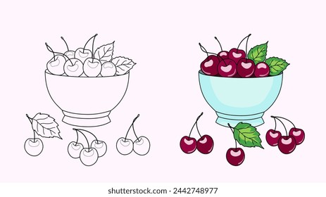 Drawing of a bowl with ripe cherries and leaves, still life for coloring.