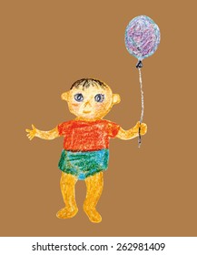 Drawing boy with balloon made with wax crayons