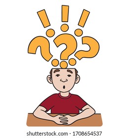 dibujo de un niño con grandes signos de interrogación y signos de exclamación sobre su cabeza. escuela, pantalones rojo, mesa, aprendizaje.