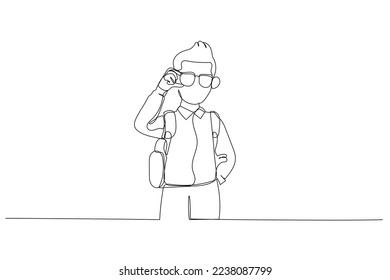 Drawing of boy with book and bag go back to school. Continuous line art

