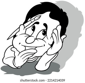Dibujo de un niño con un cepillo detrás de su oído - Ilustración de caricatura aislada en fondo blanco, vector