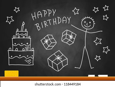 Drawing of boy and cake on blackboard