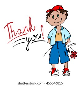 Drawing Boy With Flower Says Thank You On A White Background