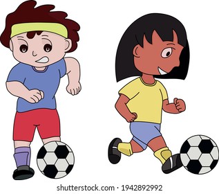 Drawing of a boy and a girl playing football