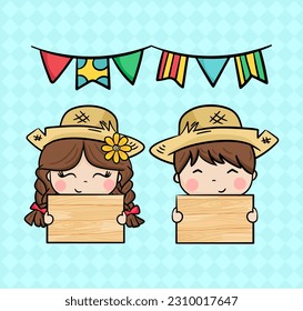 Drawing boy and girl with straw hats holding a wooden sign festa junina brazil