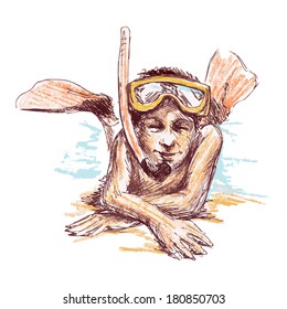 Drawing of boy on beach. Vector illustration