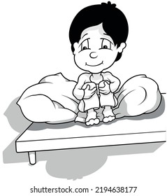 Dibujo de un niño en pijamas sentado en la cama - Ilustración aislada en fondo blanco, vector