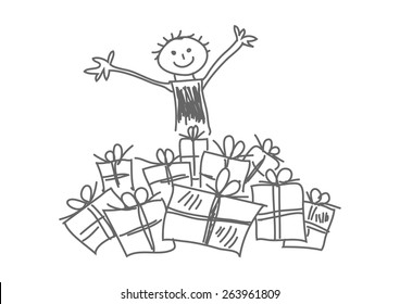 Drawing of boy with presents on white background