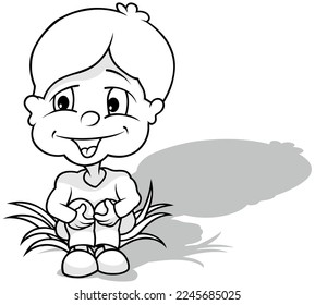 Drawing of a Boy Sitting in the Grass - Cartoon Illustration Isolated on White Background, Vector