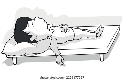 Drawing of a Boy Sleeping in Bed without a Blanket - Cartoon Illustration Isolated on White Background, Vector