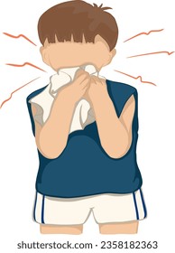 Drawing of a boy standing holding a cloth over his nose. Feeling sick and coughing are symptoms of a cold or bronchitis. Health concept vector illustration