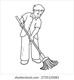 a drawing of a boy sweeping the floor