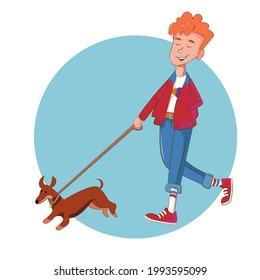 dibujo, un chico caminando con un perro