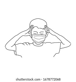 Drawing of boy wearing a mask.White background.