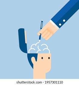Drawing brain and adding ideas to head, Vector illustration in flat style