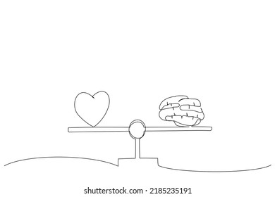 Drawing of brain and heart on a balance scale. Single continuous line art
