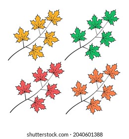 Drawing of a branch with maple leaves. Yellow, green, red, orange color set. Autumn season. Vector isolated art illustration on white background