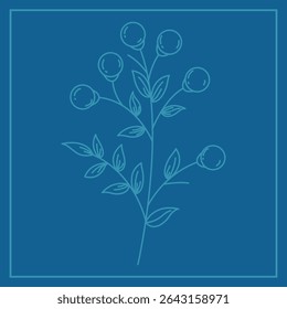 a drawing of a branch with round berries and leaves, made in light blue on a dark blue background with a frame.