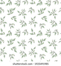 Drawing with branches of green leaves on a white background. Seamless background. Vector illustration.