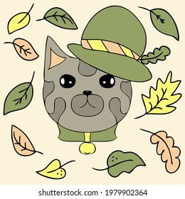 Drawing of a brave grey cat in a hat and autumn leaves. Cartoon style. Hand drawn vector illustration. Design for T-shirt, textile and prints.
