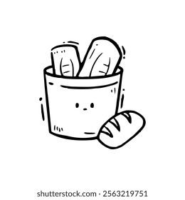 A drawing of bread in a bucket