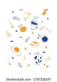 Drawing Breakfast elements seamless pattern with lively style, Cup wheat toast fried egg and milk graphic pattern