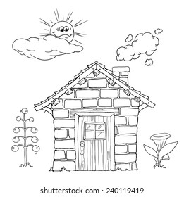 Drawing of brick house with flowers and smoking chimney