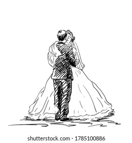 Drawing of bride and groom standing face to face, Young wedding couple enjoying romantic moments. Vector sketch Hand drawn illustration