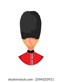 Drawing of a British royal guard in a red uniform and tall black hat.