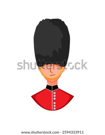 Drawing of a British royal guard in a red uniform and tall black hat.