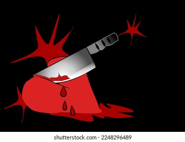 Drawing broken heart was cut with knife. Concept sadness, feeling sorry,alone for red broken heart on black background .