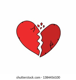 Drawing broken heart icon doodle style.Vector illustration.