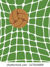 Drawing of a brown ball flying into the goal. Brown ball in a white net on a green background.