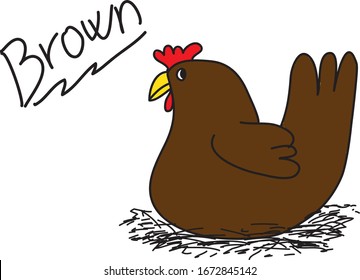 gallina marrón dibujada sentada en la paja
