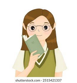 Un dibujo de una chica de cabello corto marrón usa gafas que sostienen un libro