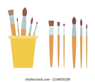 Drawing brushes in a glass and brushes with a flat and sharp bristle vector flat design isolated on white