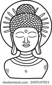 A drawing of a Buddha with a serene expression . The drawing is in black and white and is of a Buddhist figure