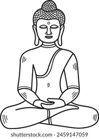 A drawing of a Buddha with a serene expression . The drawing is in black and white and is of a Buddhist figure