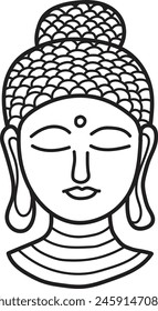 A drawing of a Buddha with a serene expression . The drawing is in black and white and is of a Buddhist figure