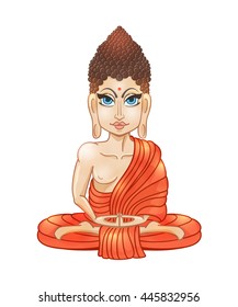 Drawing of a Buddha statue. Art vector illustration of Gautama Gautama Buddha. Buddhism Religion. Bless Band. Design for greeting card, print clothing. The concept of Yoga Studio.
